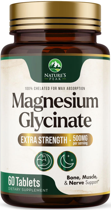 Magnesium Glycinate 500mg Per Serving - High Absorption Chelated Magnesium Supplement for Muscle, Bone and Heart Health Support - Easy Digestion & Gentle on Your Stomach - USA Bottled - 60 Tablets Nature's PeakAu supplements
