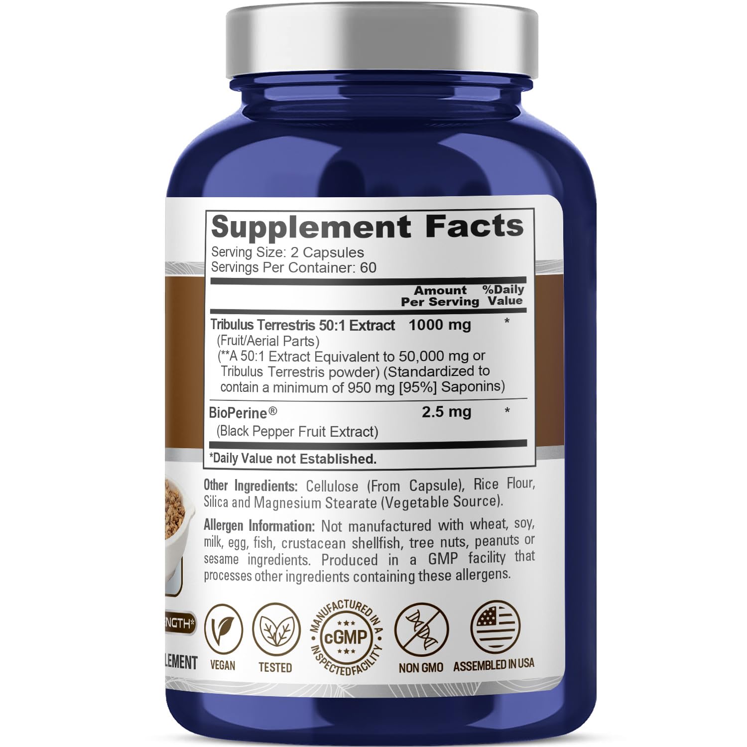 NusaPure Tribulus Terrestris 50:1 Extract, 1000 mg Equivalent to 50,000mg| 120 Veggie Caps | 95% Steroidal Saponins | Non-GMO, Bioperine & Vegan NusaPureAu supplements