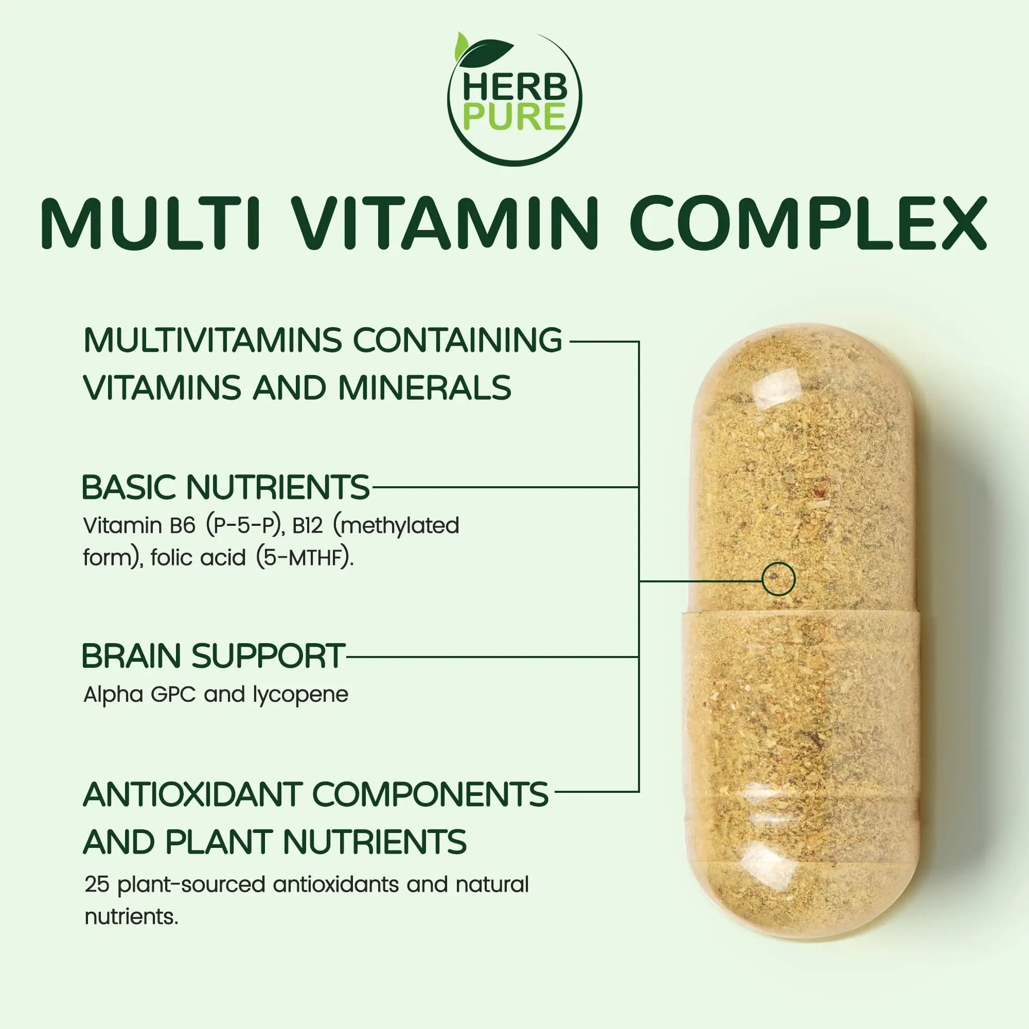 HERB PURE Multi Vitamin Complex Daily Multivitamin for Men and Women – 28 Essential Vitamins & Minerals with Active Vitamins, Superfood Blend, Alpha GPC HERB PUREAu supplements