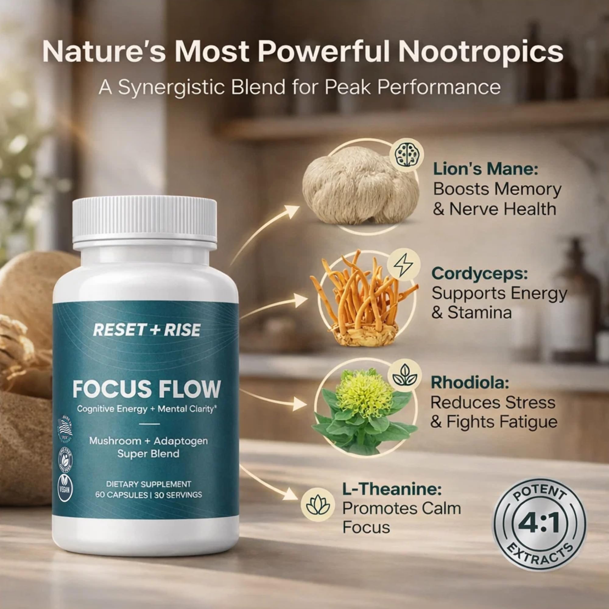 Nootropic Brain Supplement with Lion’s Mane Mushroom, Cordyceps & Rhodiola Rosea Extract - Focus and Energy Supplement, Adaptogen for Brain Health, Mental Clarity, Memory & Mood Support - 60 Capsules Reset+RiseAu supplements
