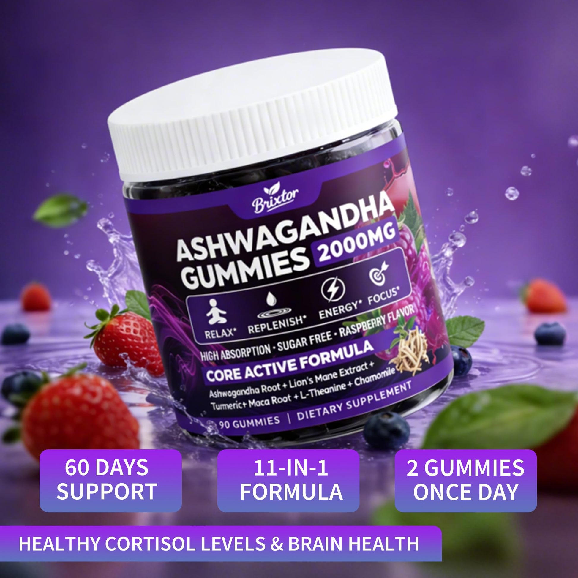 Ashwagandha Gummies - 2000MG Organic Ashwagandha & Lions Mane Gummies for Adults with Vitamin D3 B12, L-Theanine, Cortisol Supplements for Women & Men, Sugar-Free, Vegan, Berry Flavor - 90 Counts BrixxlorAu supplements