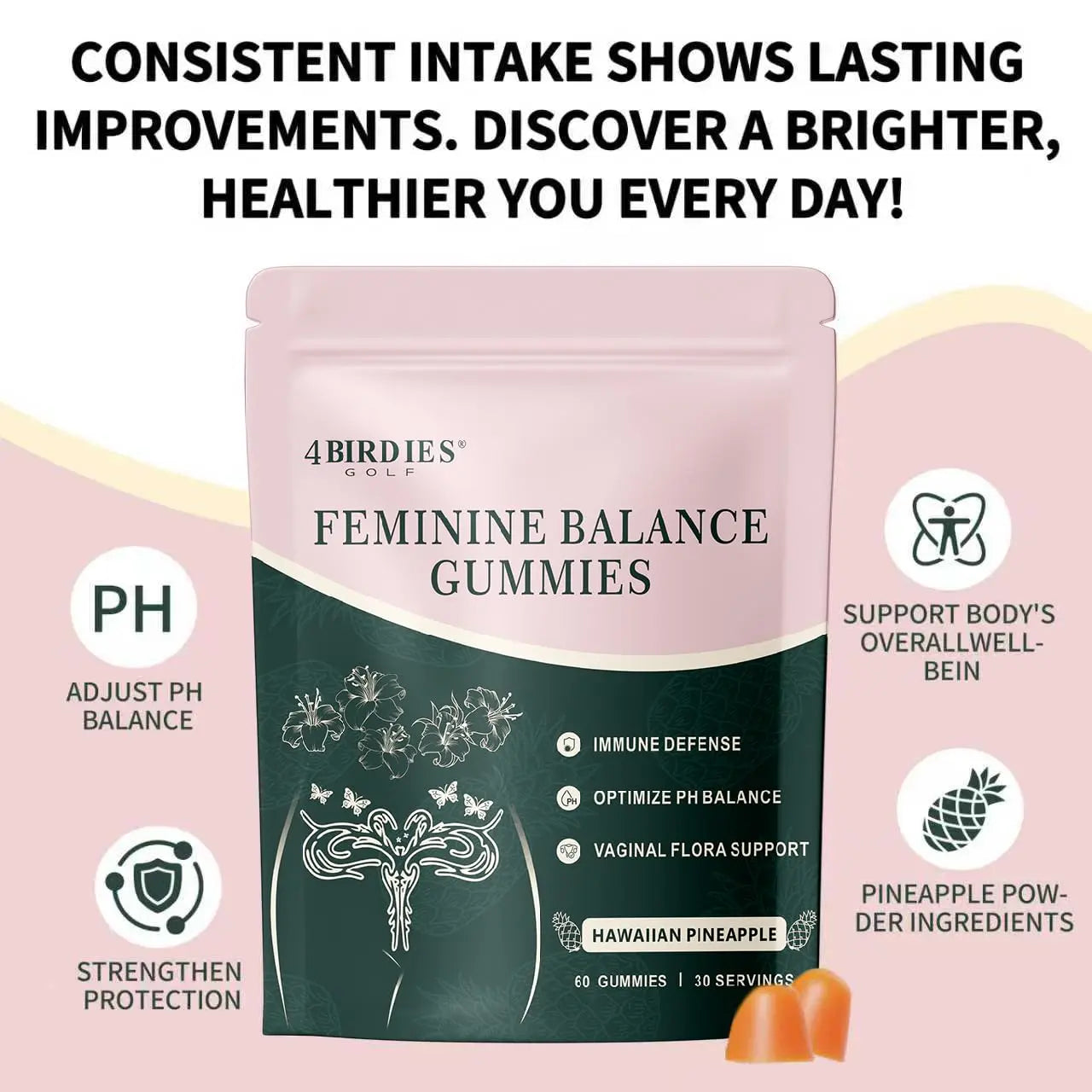 4 BIRDIES GOLF Premium Feminine Balance Gummies for Women's Health, Hawaiian Pineapple Gummies for Women Vaginal Probiotic & pH Balance Support - Vegan - Healthy Odor - Gluten-Free - 60 Count 4 BIRDIES GOLFnz supplements