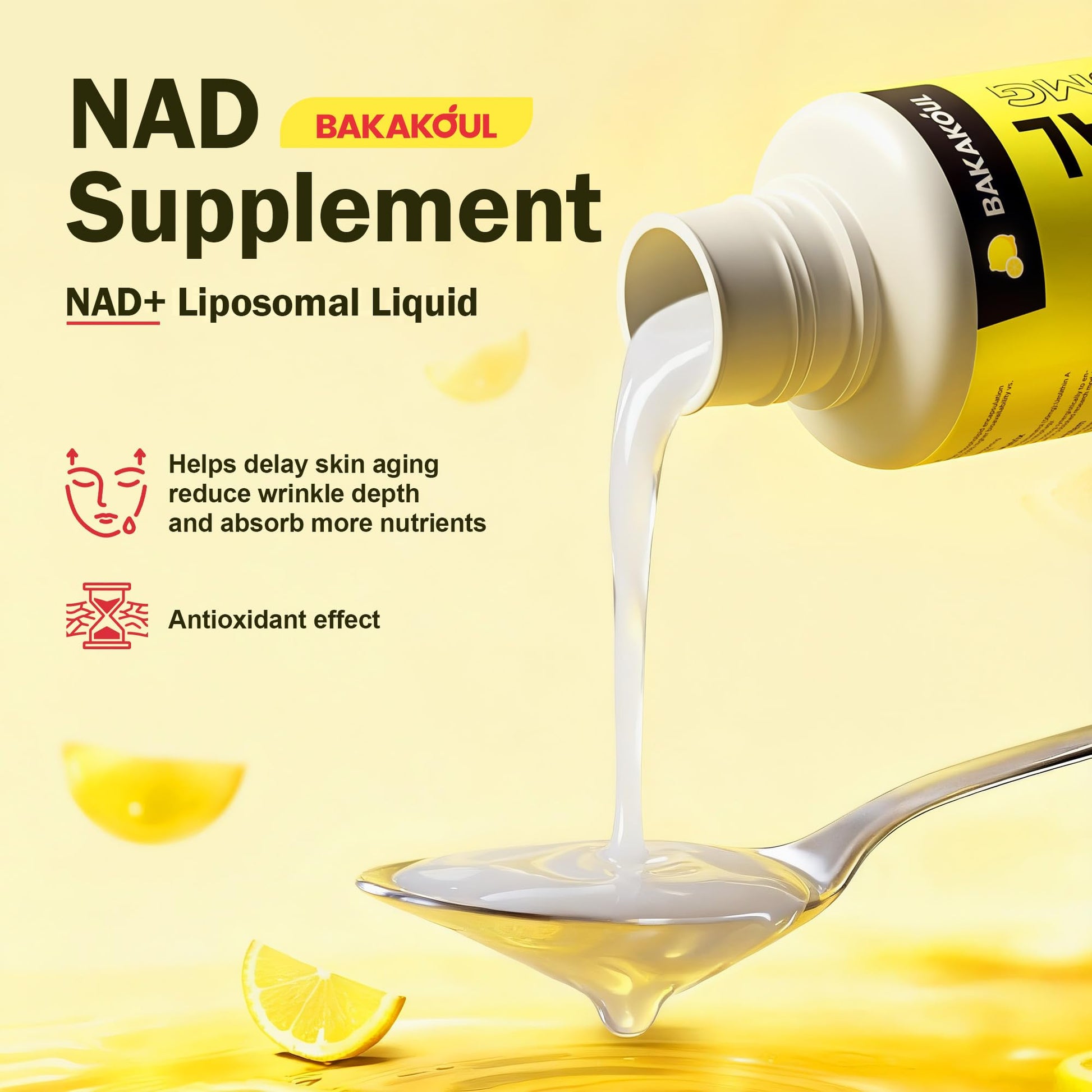 Liposomal NAD+ Liquid Supplement - Designed to Help Support Absorption - Nhanced Cellular Uptake, Helps Support Normal Cellular Health, Supports Cellular Energy Metabolism and Vitality - Lemon Flavor BAKAKOULAu supplements