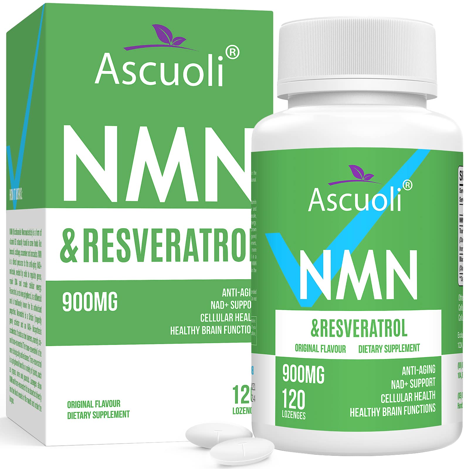 Sublingual NMN 500mg + Trans-Resveratrol 400mg, 3-in-1 Advanced Formula 99% Pure NMN Resveratrol Supplement for Boost* NAD, Cell, Immune, Energy & Muscle, Anti-Aging, 120 Lozenges (120-Day Supply) AscuoliAu supplements