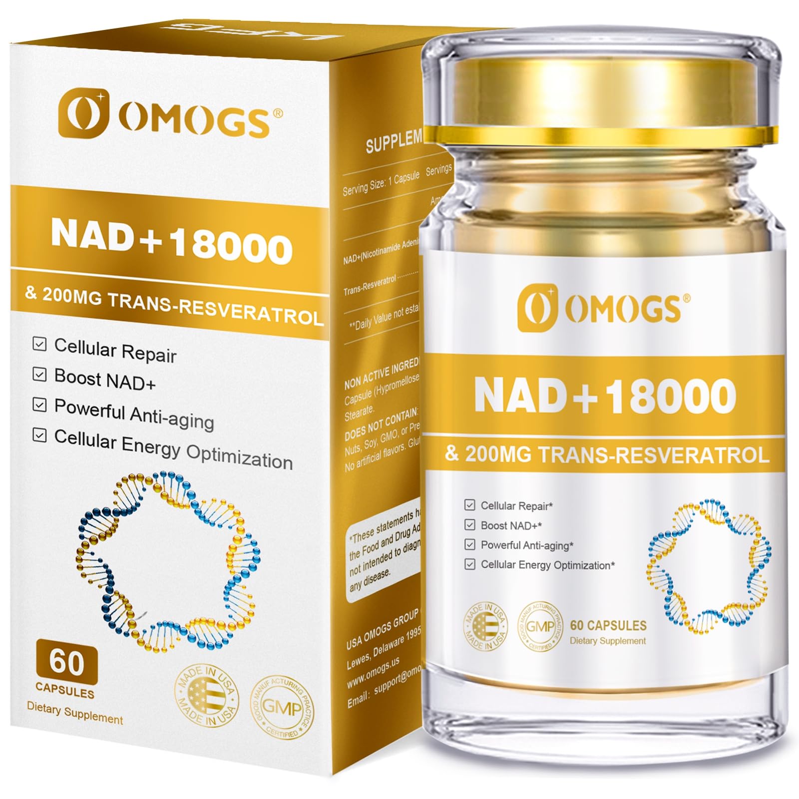 OMOGS NAD+ 300 mg + Trans-Resveratrol 200 mg, Pure NAD Supplement, Max Absorption, Boosting Supplement for DNA Repair, Healthy Aging, Cellular Energy & Longevity, 60 Capsules OMOGSAu supplements