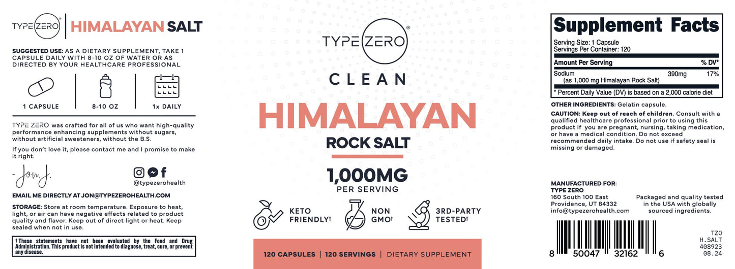Type Zero Himalayan Rock Salt Capsules (120 Capsules) (1000mg per Serving) Type ZeroUS supplements