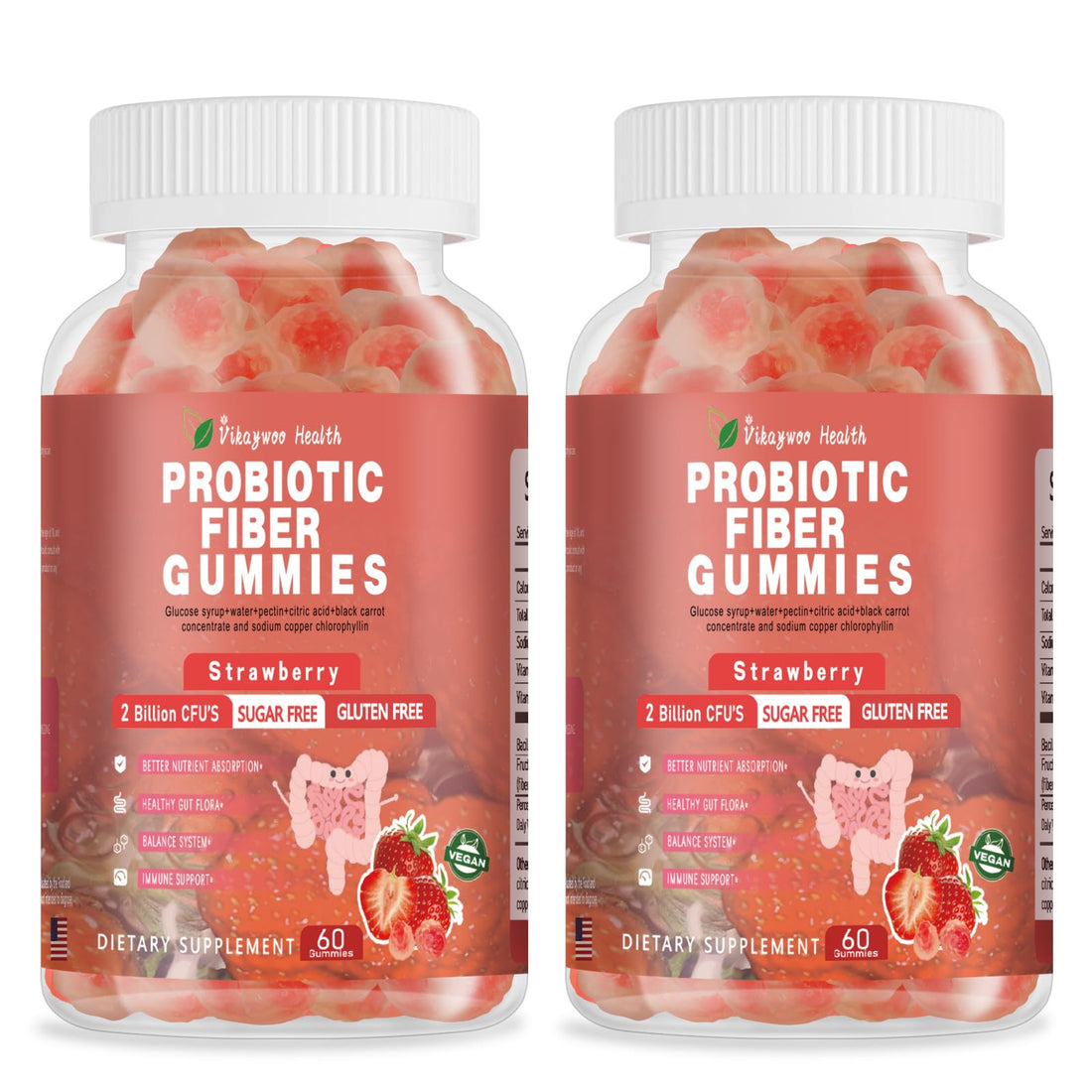 Vikaywoo Probiotic Fiber Gummies for Adults, No Sugar Added Strawberry Flavor– 2 Billion CFUs –Vitamin C,Vitamin D–Digestive Health & Regularity Support(120 Count) VikaywooUS supplements
