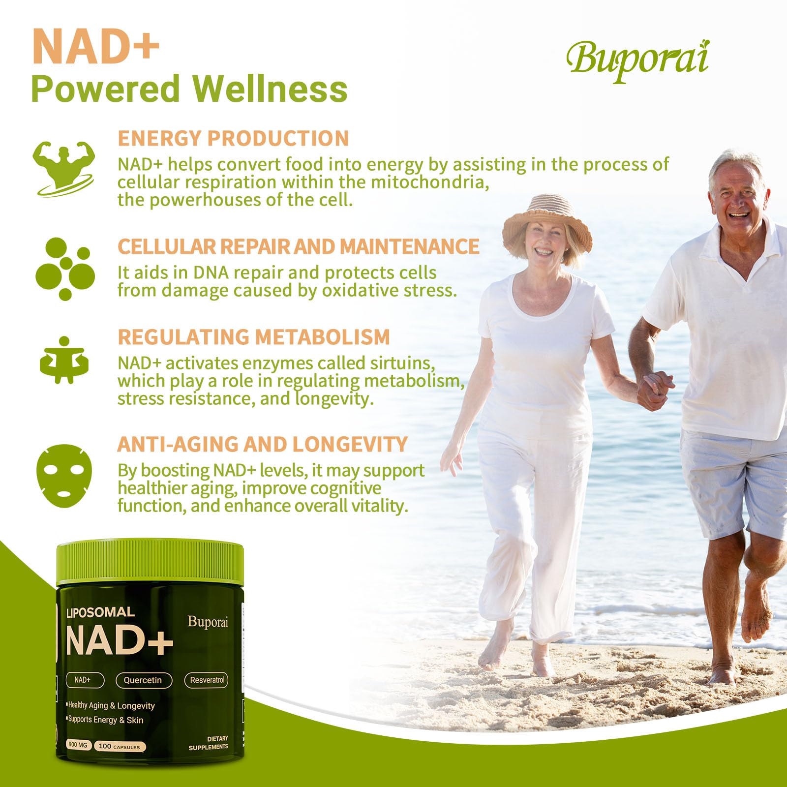 Buporai NAD Supplement 900mg with Resveratrol & Quercetin, NAD Supplement for Anti-Aging, Cellular Energy & Repair-100 Capsules BuporaiAu supplements