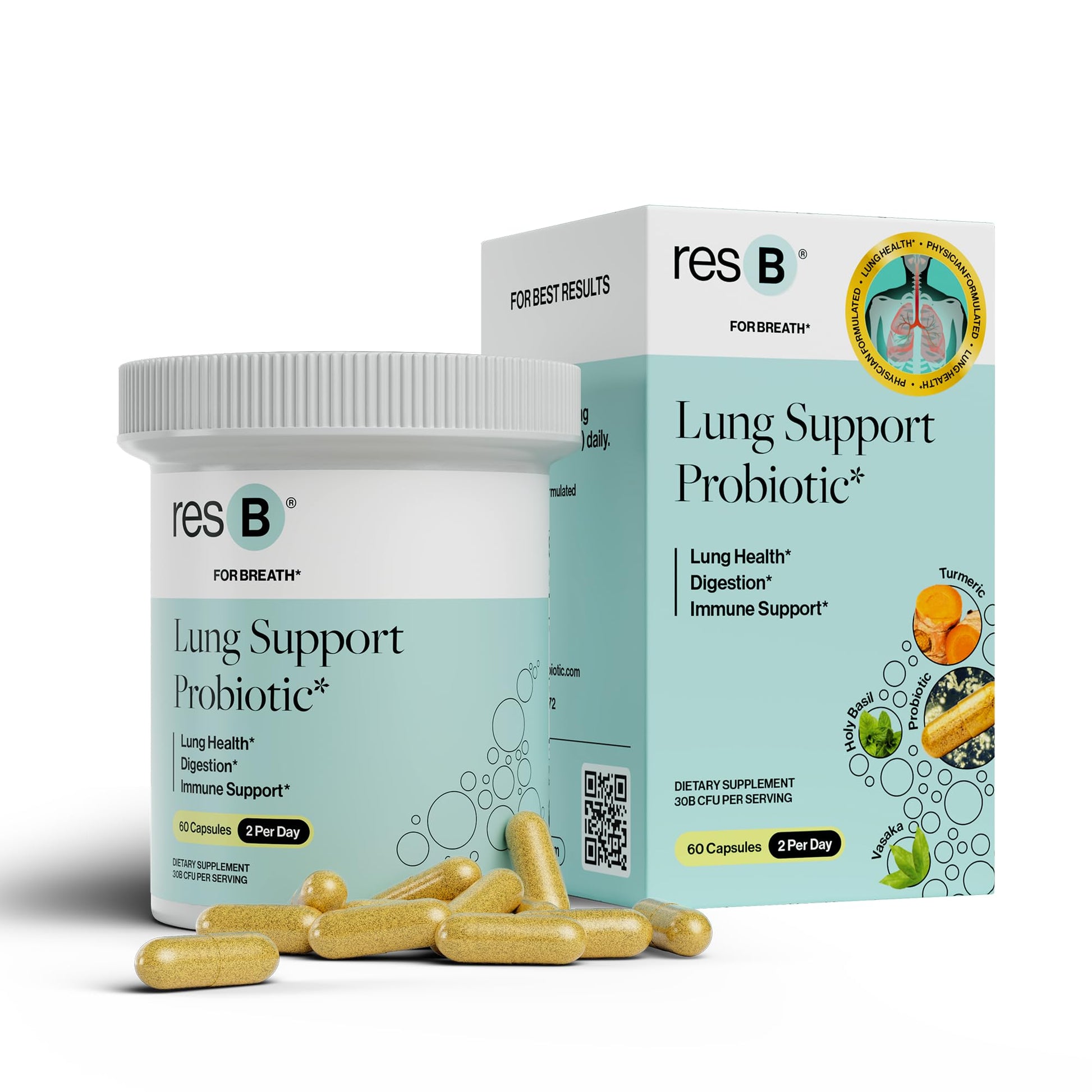 resB Lung Support Probiotic Supplement - Lung Health Supplement for Smokers, Gut Health, Immune & Digestive Support, Respiratory Care, Holy Basil & Turmeric, Clinically Trialed - 60 Capsules ResBioticAu supplements