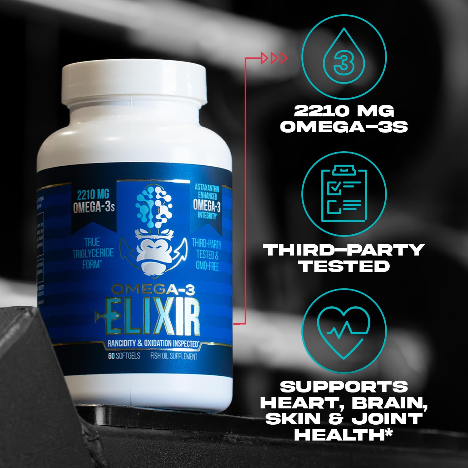 Gorilla Mind Omega-3 Elixir™ | 2210mg Fish Oil Re-Esterified Triglyceride Form | EPA, DHA + 2 Fatty Acids | Astaxanthin Infusion for Bolstered Integrity | 3rd Party & Rancidity Tested | 60 Softgels Gorilla MindAu supplements