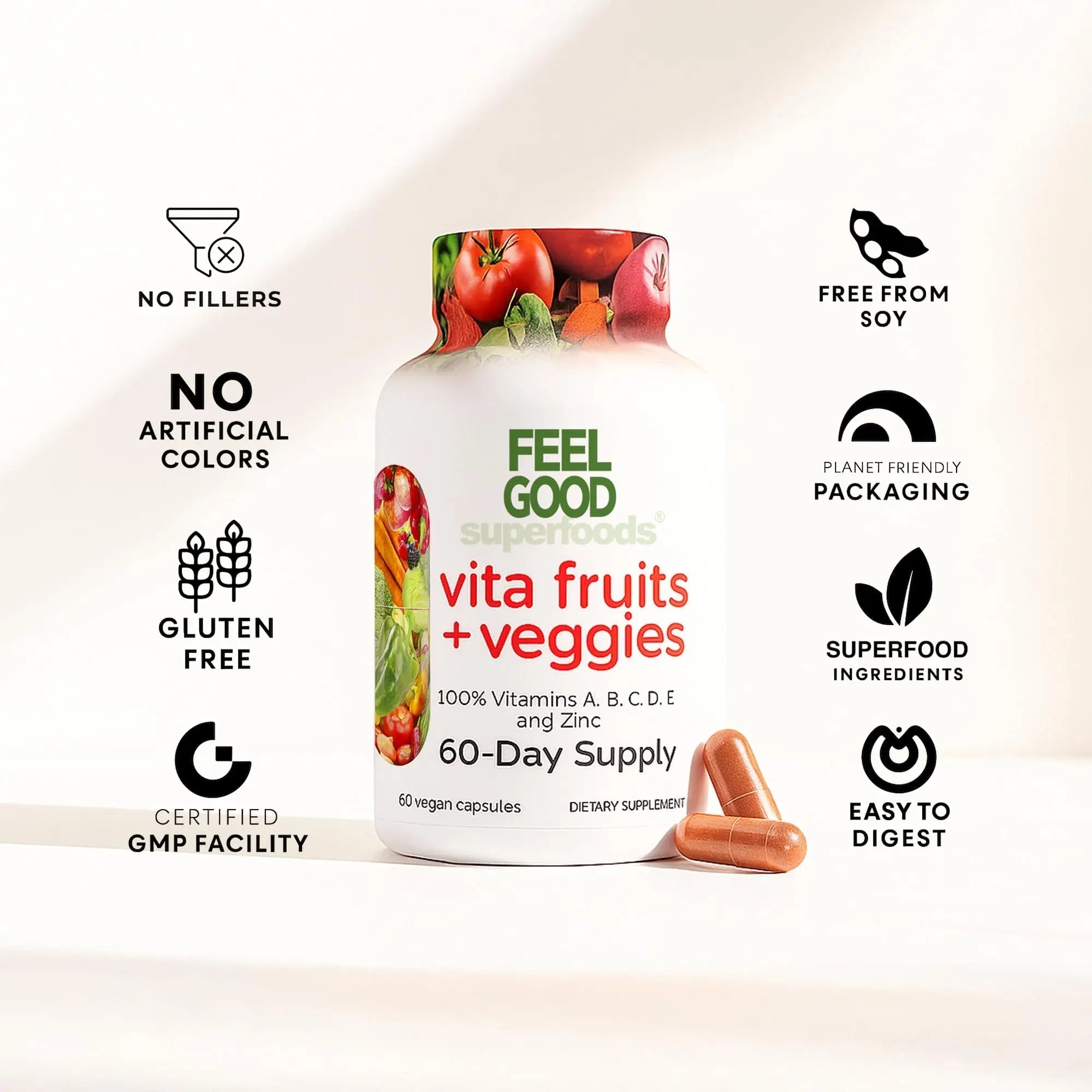 FeelGood Superfoods Vita Fruits and Veggies Capsules - 25 Superfood Ingredients, Fruit and Vegetable Multivitamin, 60 Count FeelGood SuperfoodsAu supplements