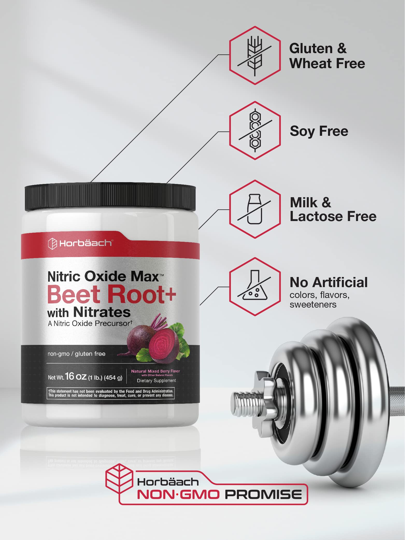 Nitric Oxide Beet Root Powder | 16 oz (454g) | Natural Mixed Berry Flavor | with Nitrates HorbäachAu supplements