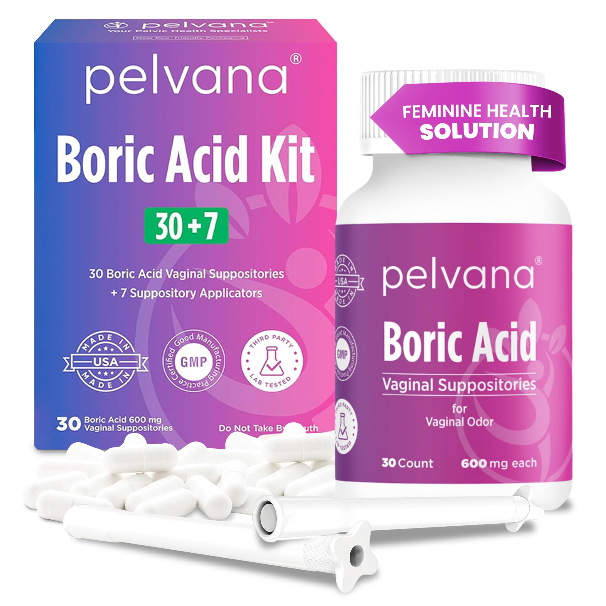 Pelvana Boric Acid Suppositories for Women - 30 Count + 7 Applicators - 600mg Boric Acid Capsules for Vaginal Odor Use PelvanaUS supplements