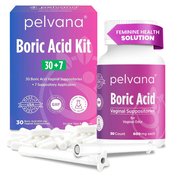 Pelvana Boric Acid Suppositories for Women - 30 Count + 7 Applicators - 600mg Boric Acid Capsules for Vaginal Odor Use PelvanaUS supplements