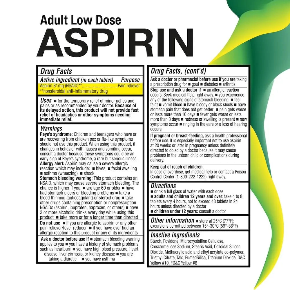 Puregen Labs Aspirin 81 mg Low Dose (NSAID) – 300 Enteric Coated Tablets P Puregen LabsAu supplements