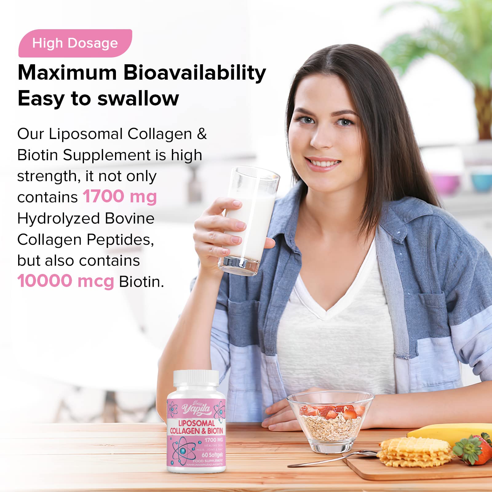 Liposomal Collagen Biotin Capsules, Hydrolyzed Bovine Collagen Peptides 1700 mg, Types 1 & 3 Protein YapilaAu supplements