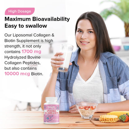Liposomal Collagen Biotin Capsules, Hydrolyzed Bovine Collagen Peptides 1700 mg, Types 1 & 3 Protein YapilaUS supplements