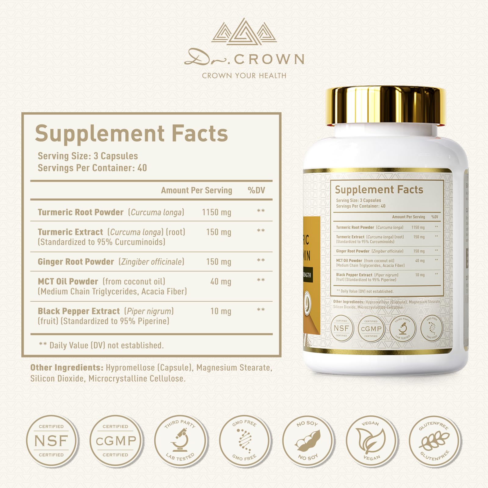 DR. Crown Turmeric Curcumin Supplement 1,500mg, 95% Standardized Curcuminoid with Ginger, MCT Oil, & Black Pepper for Better Absorption, for Antioxidant & Joint Support, 120 Capsules DR. CROWNAu supplements