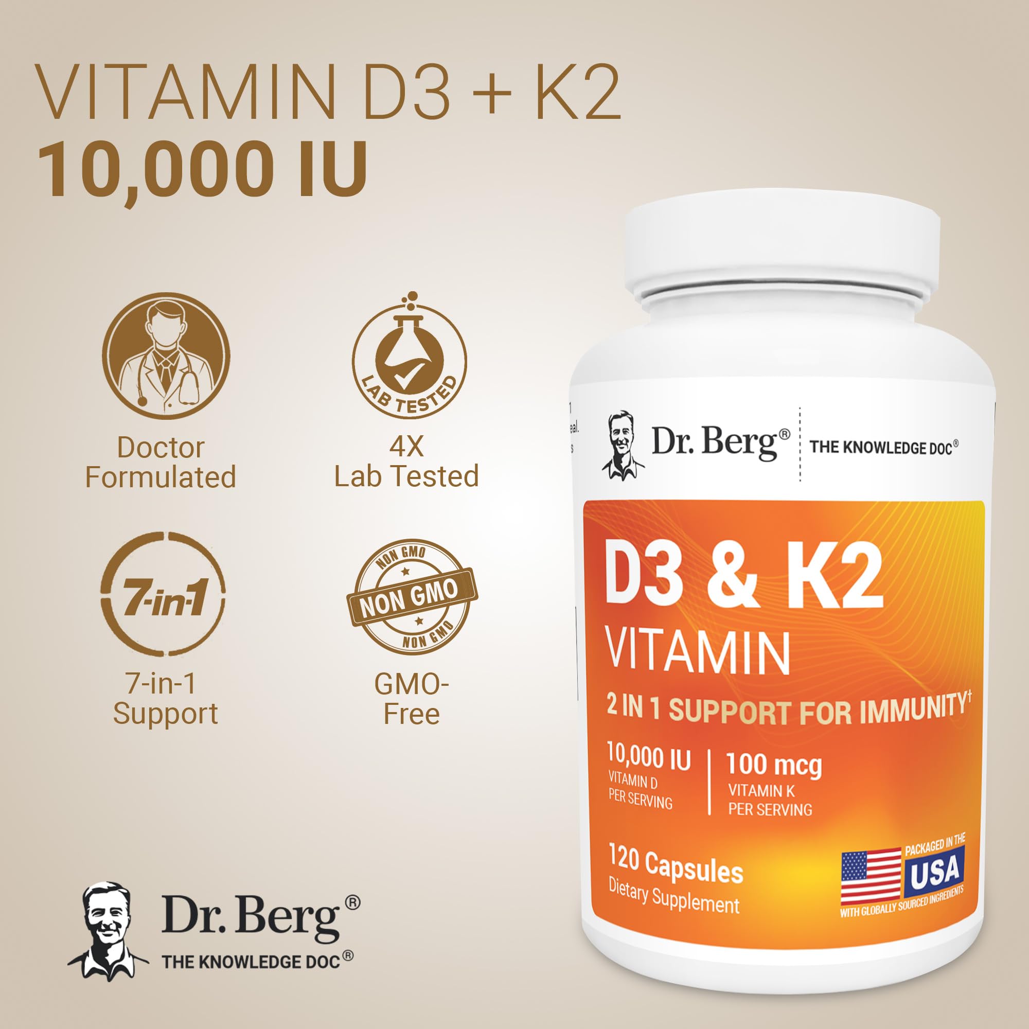 Dr. Berg Vitamin D3 & K2 10,000 IU + MK-7 – 120 Capsules – Immune, Bone & Heart Support* Supplement w/Magnesium, Zinc, B6 – 4X Lab-Tested – No Fillers – Non-GMO, cGMP, Formulated in USA Dr. Berg NutritionalsAu supplements