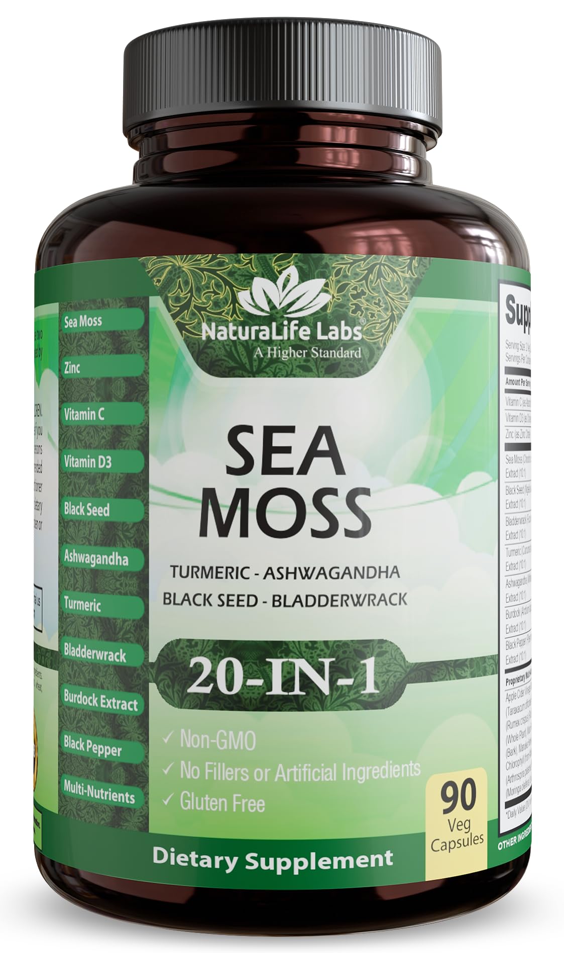 Sea Moss, Black Seed Oil, Bladderwrack, Turmeric, Ashwagandha, Burdock, Vitamin C, D3, Yellow Dock Root, Manuka, Dandelion - 90 Veggie caps NaturaLife LabsAu supplements