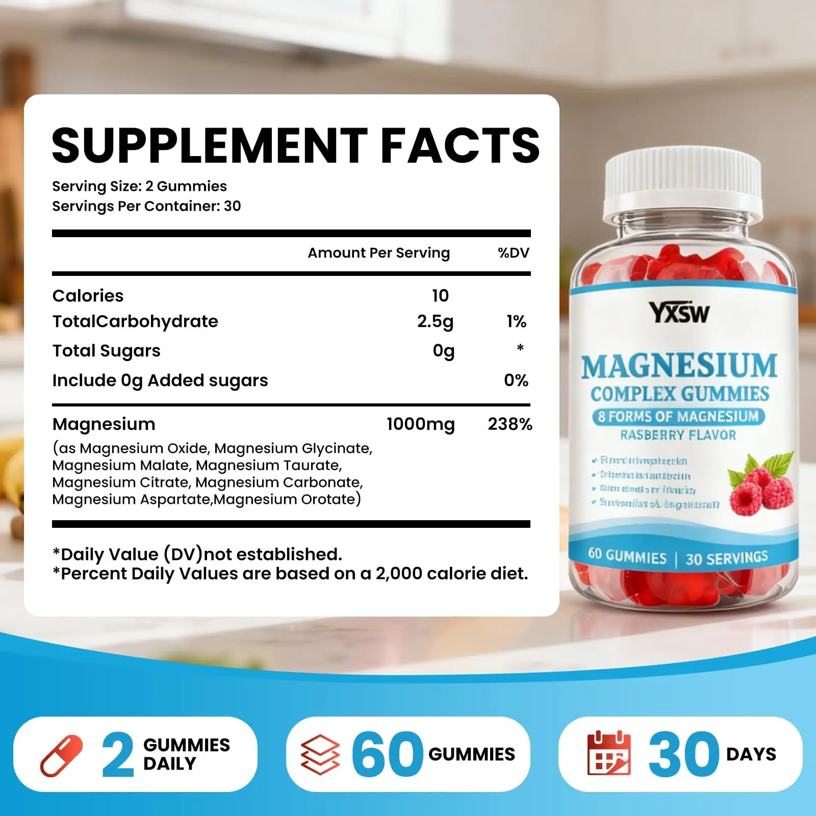 Magnesium Complex Gummies 8 Elemental 1000mg - Magnesium Glycinate, Citrate, Malate, Taurate, Supports Bones, Muscle, Nerve Health, for Women & Men, Vegan Non-GMO, Raspberry Flavor, 60 Count YXSWnz supplements