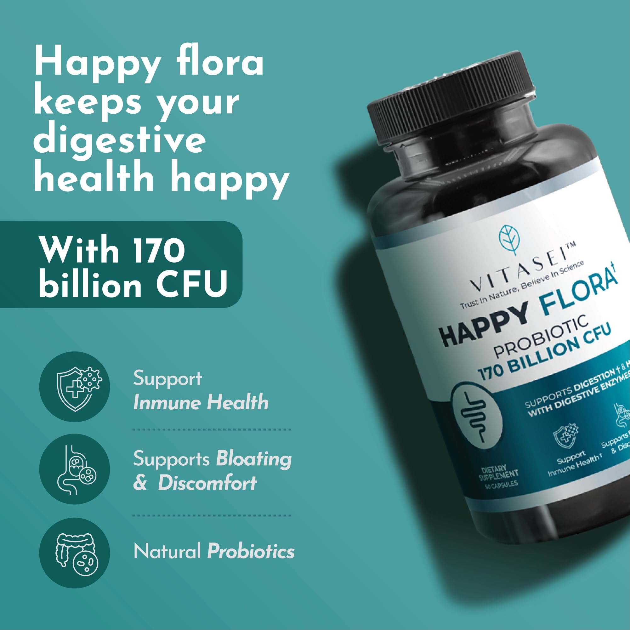 VITASEI Happy Flora, Probiotic Supplement 170 Billion CFU for a Healthy Gut Health with enzymes for Digestion, probiotics for Women and Men, 1 Bottle - 60 Capsules VITASEIAu supplements