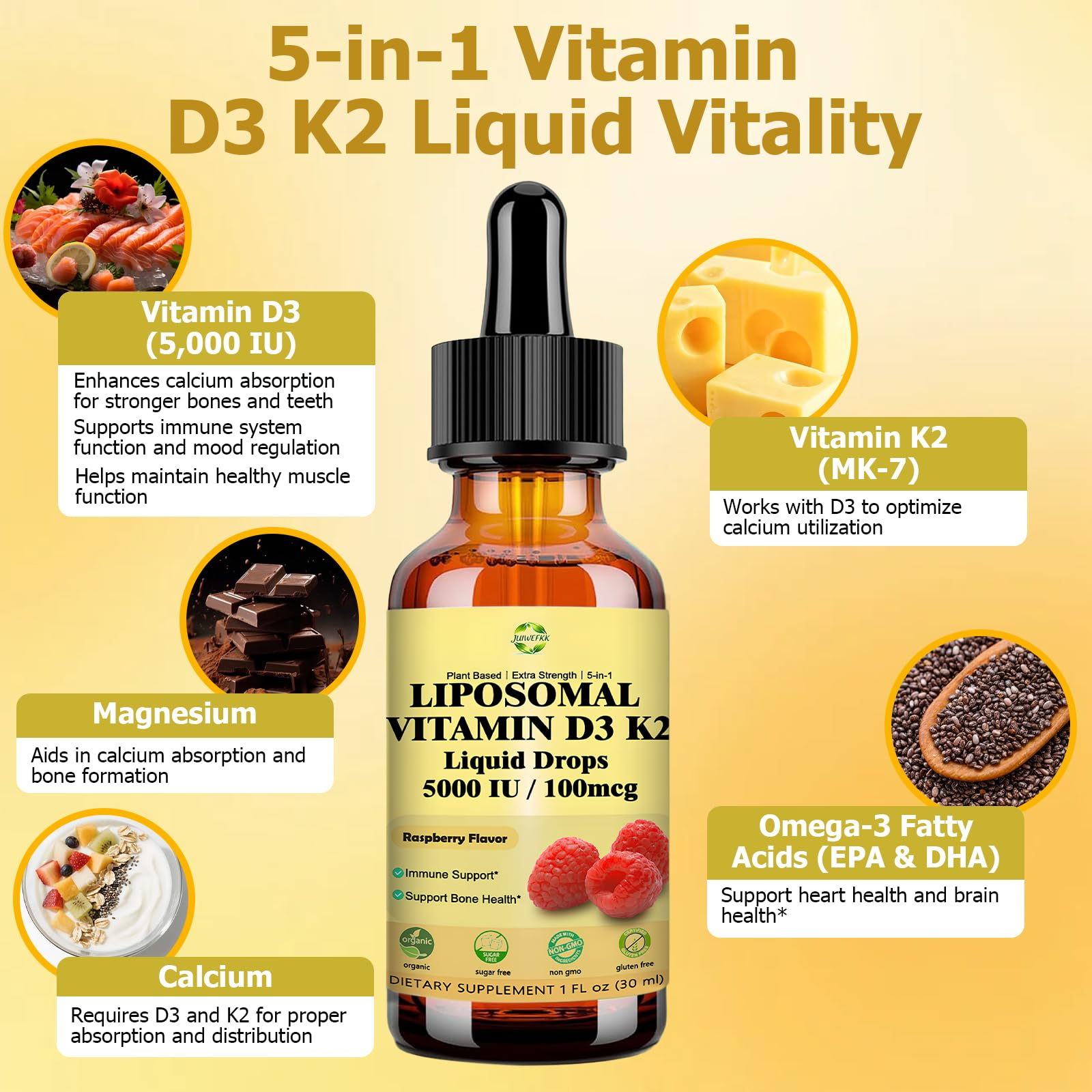 Liquid Vitamin D3 K2 Drops with Calcium Magnesium Omega3, High Potency 5-in-1 D3 K2 Vitamin 5000 IU Supplement for Bone Health, Heart Teeth & Immue, Ultra High Absorption Liposomal D3K2 Plant-Based JUIWEFKKAu supplements