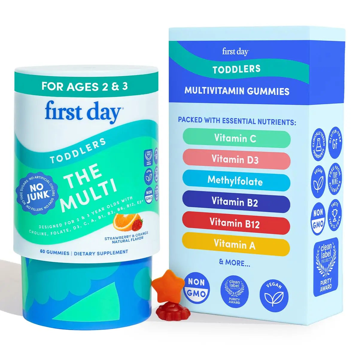 FIRST DAY Toddler Multivitamin Gummies (Ages 2-3)| Kids Multivitamin Gummies with Vitamins A C D3, B2, B12, Choline, Folate and 21 Organic Superfoods| (30 Day Supply) FIRST DAYAu supplements