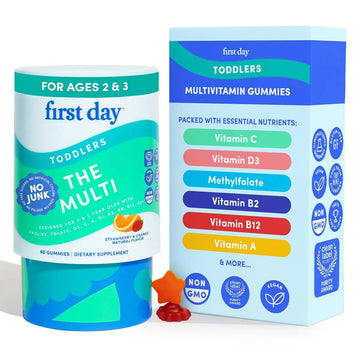 FIRST DAY Toddler Multivitamin Gummies (Ages 2-3)| Kids Multivitamin Gummies with Vitamins A C D3, B2, B12, Choline, Folate and 21 Organic Superfoods| (30 Day Supply) FIRST DAYAu supplements