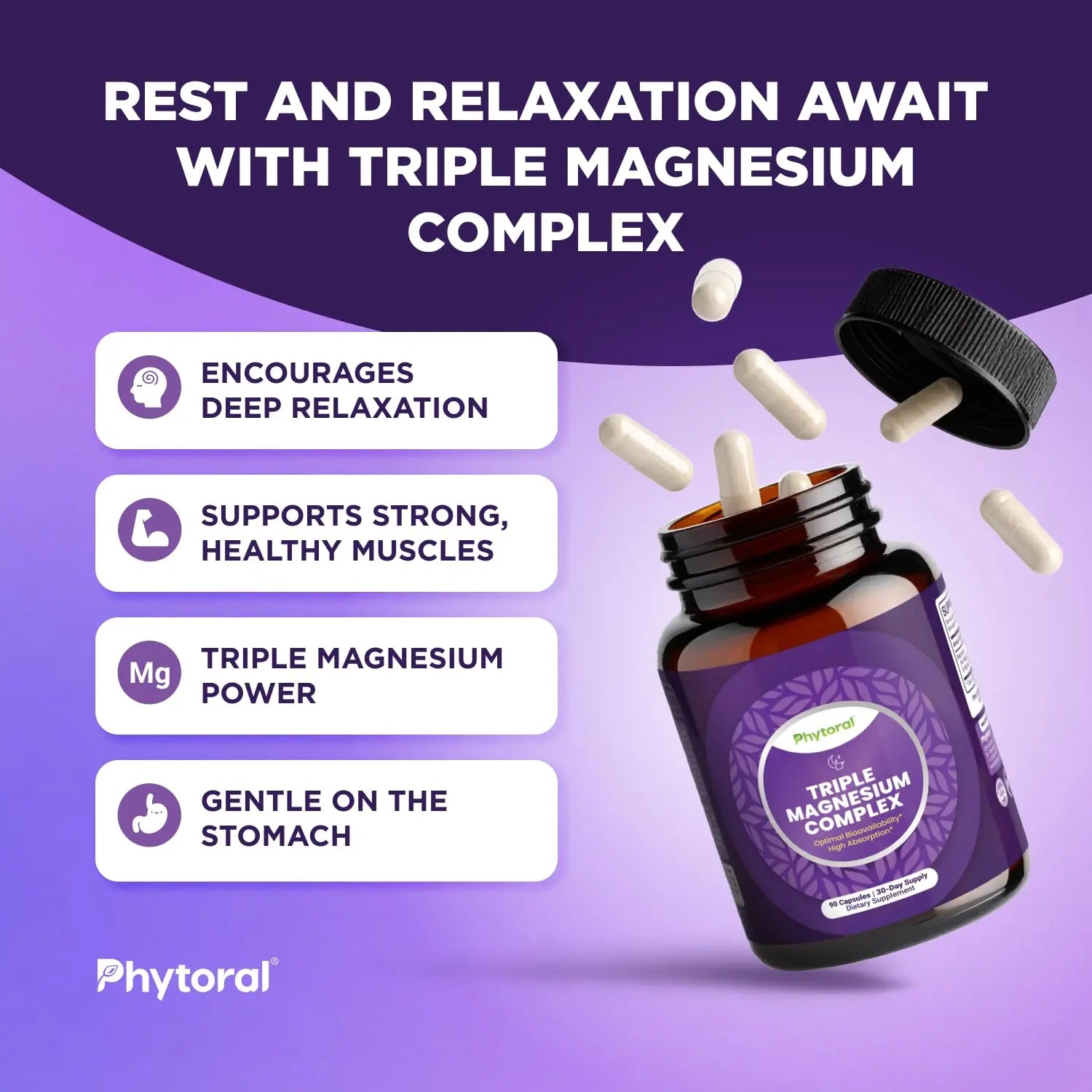 Highly Potent Magnesium Complex Capsules - Triple Magnesium Blend with Taurate Glycinate and Malate - 400mg Supplement Supports Relaxation & Overall Wellness Non-GMO Vegan - 90 Count Phytoralnz supplements