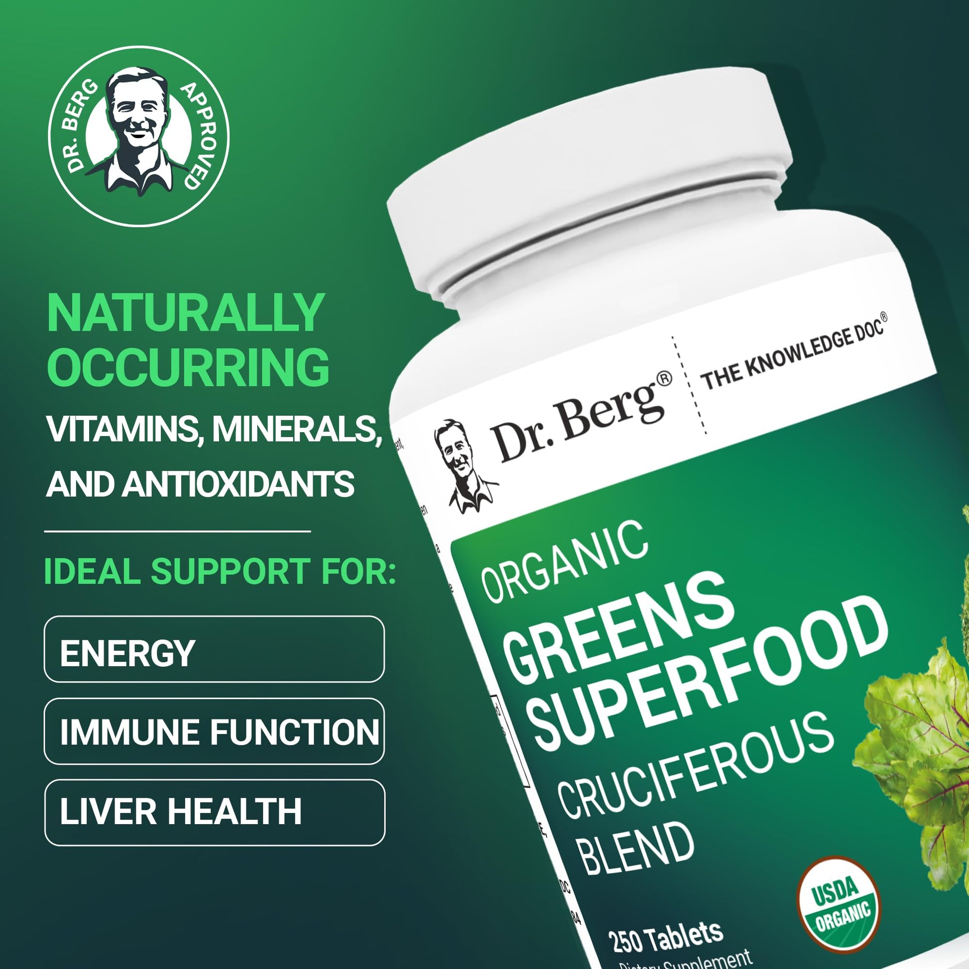 Dr. Berg's Greens Superfood Cruciferous Vegetable Tablets - Vegetable Supplements for Adults w/ 11 Phytonutrient Super Greens Tablets - Energy, Immune System & Liver Veggie Tablets - 250 Tablets Dr. Berg NutritionalsAu supplements