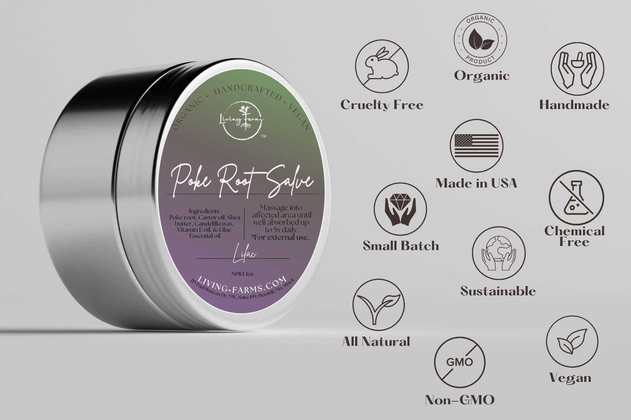 Organic Poke Root Castor Oil Salve | Vegan Lymphatic Support | Enriched with Essential Oils | Cysts, Boils, Fibroids, Swollen Lymph Nodes, Breast & Joint (1oz, Lilac) Living FarmsAu supplements