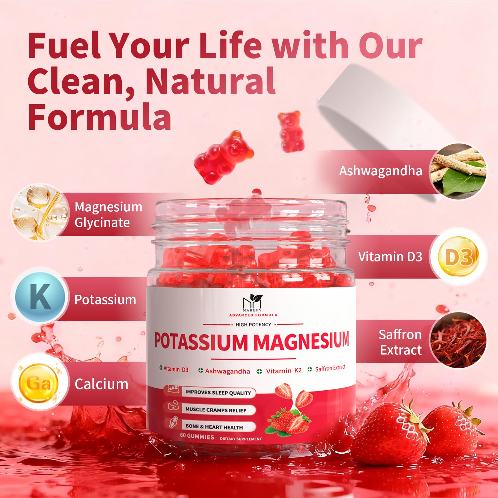 2 Pack Potassium Magnesium Gummies, Sugar Free Potassium Supplement Magnesium Glycinate 500mg, Ashwagandha, Vitamins D3, C, B6, Calcium & Zinc for Sleep, Leg Cramps & Muscle Relaxation-120 Count MABEFYAu supplements