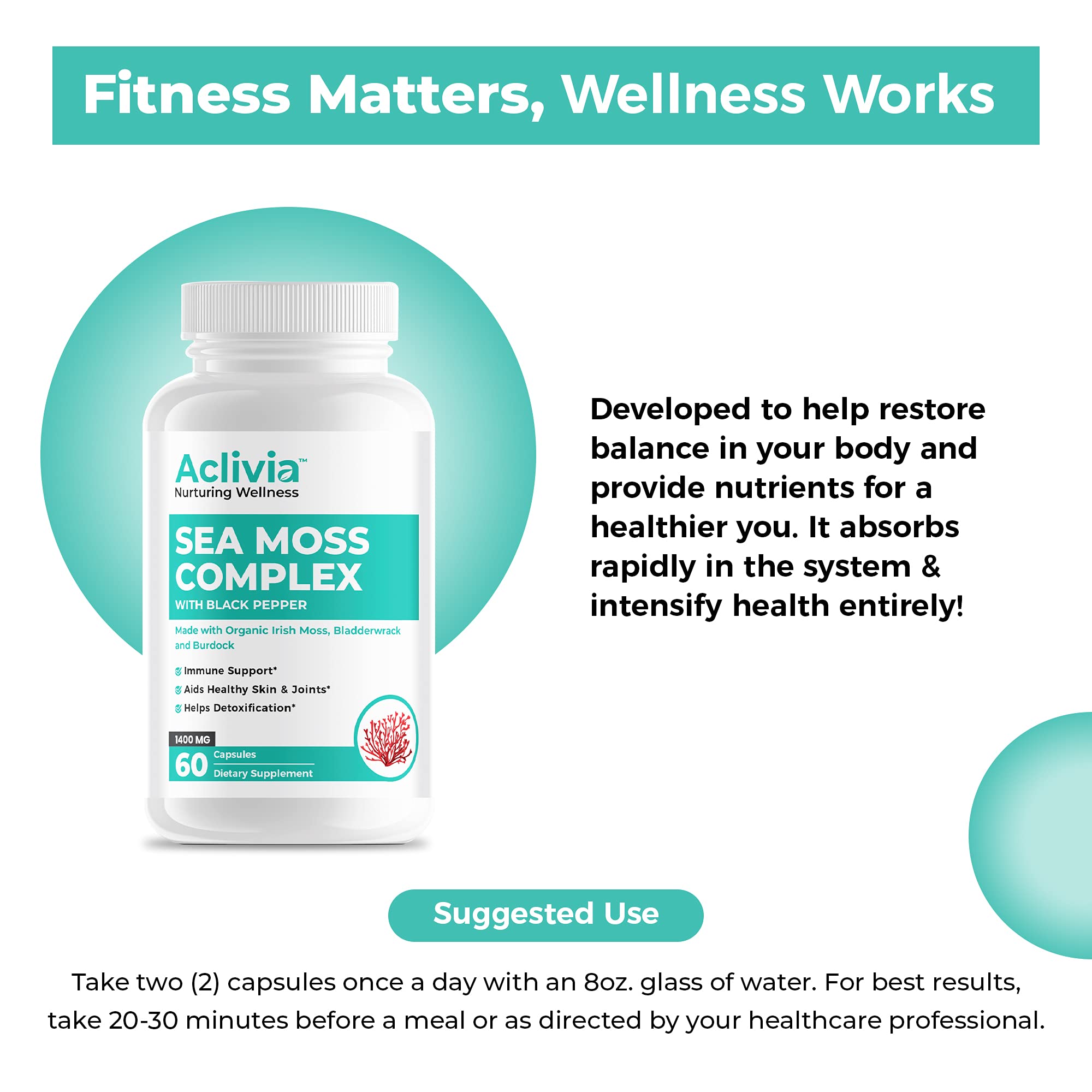 Aclivia - Organic Irish Sea Moss Capsules with Bladderwrack & Burdock Root - 102 Minerals Sea Moss Supplement - Thyroid Support, Immune Boost - Non-GMO (60 Count) AcliviaAu supplements