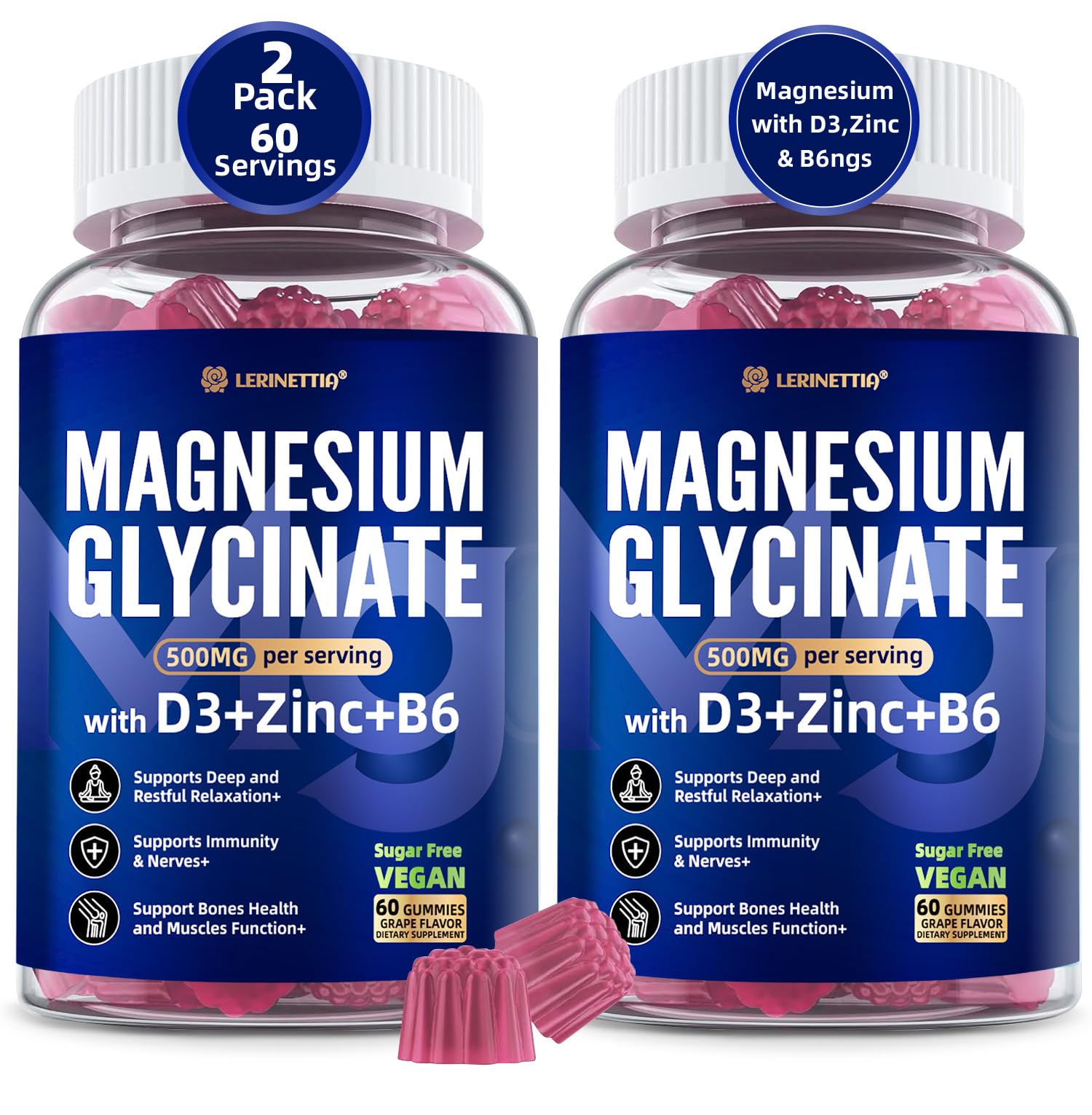 Magnesium Glycinate 500mg/250mg for Adults Teens - Plus D3,B6 & Zinc - Magnesium Glycinate Gummies,High Absorption - Support for Relaxation,Brain,Bone & Immunity Health - Sugar Free - 120Cts LerinettiaAu supplements