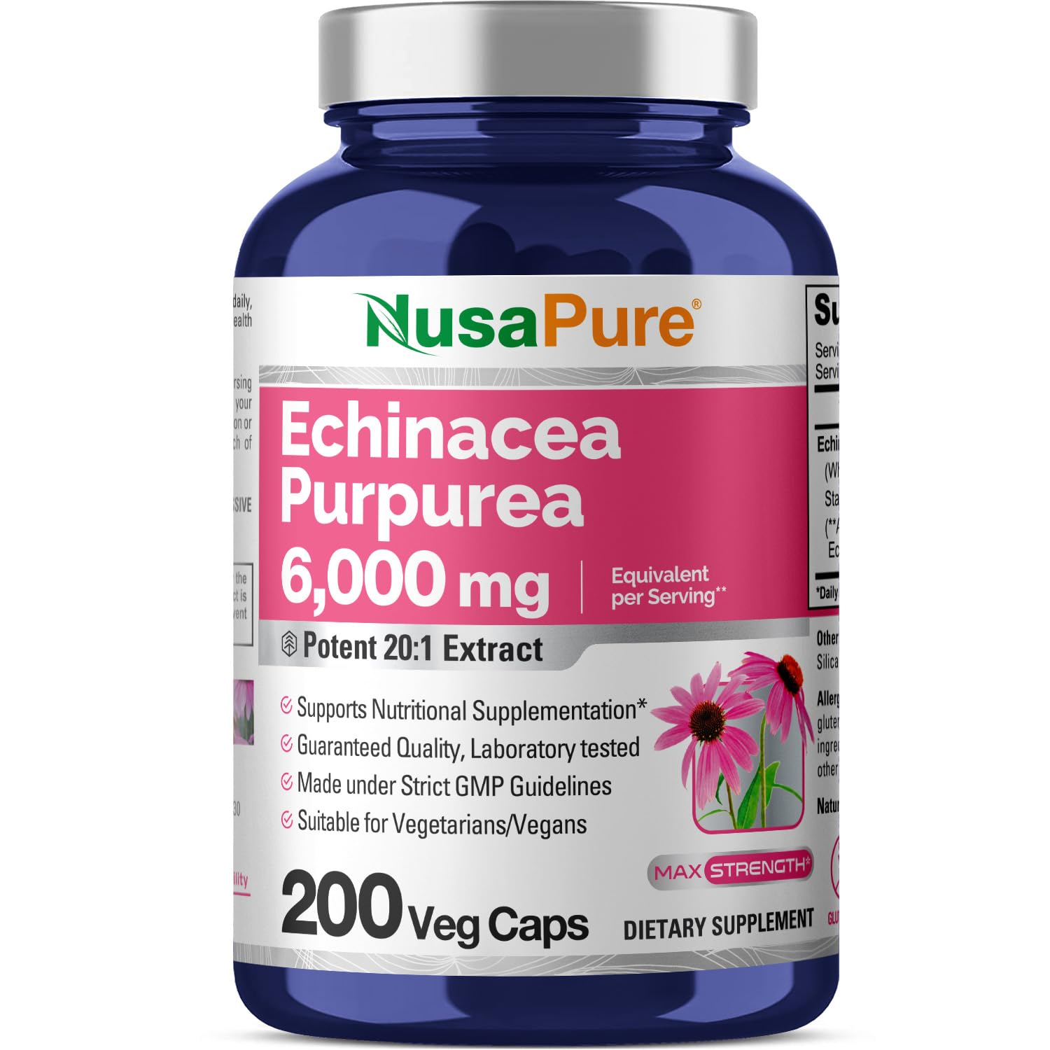 NusaPure Echinacea 20:1 Extract, 300 mg Equivalent to 6,000mg 200 Veggie Caps, Vegan, Non-GMO, Gluten Free Supplement NusaPureAu supplements