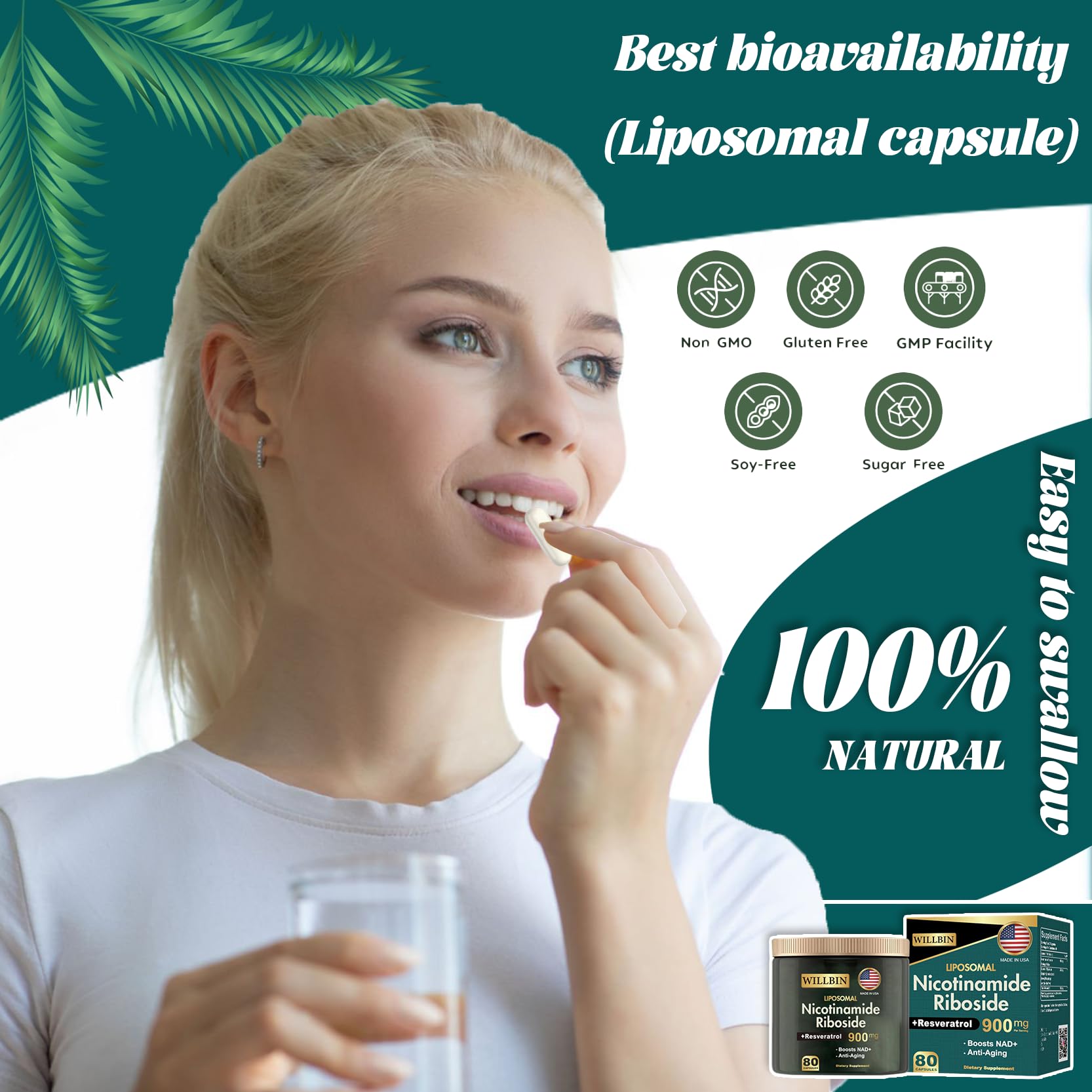 Willbin Liposomal NAD+ Supplement, Nicotinamide Riboside with Resveratrol, NAD Nicotinamide Riboside Boost Energy Focus Anti-Aging for Women & Men - 80 Vegan Capsules WillbinAu supplements
