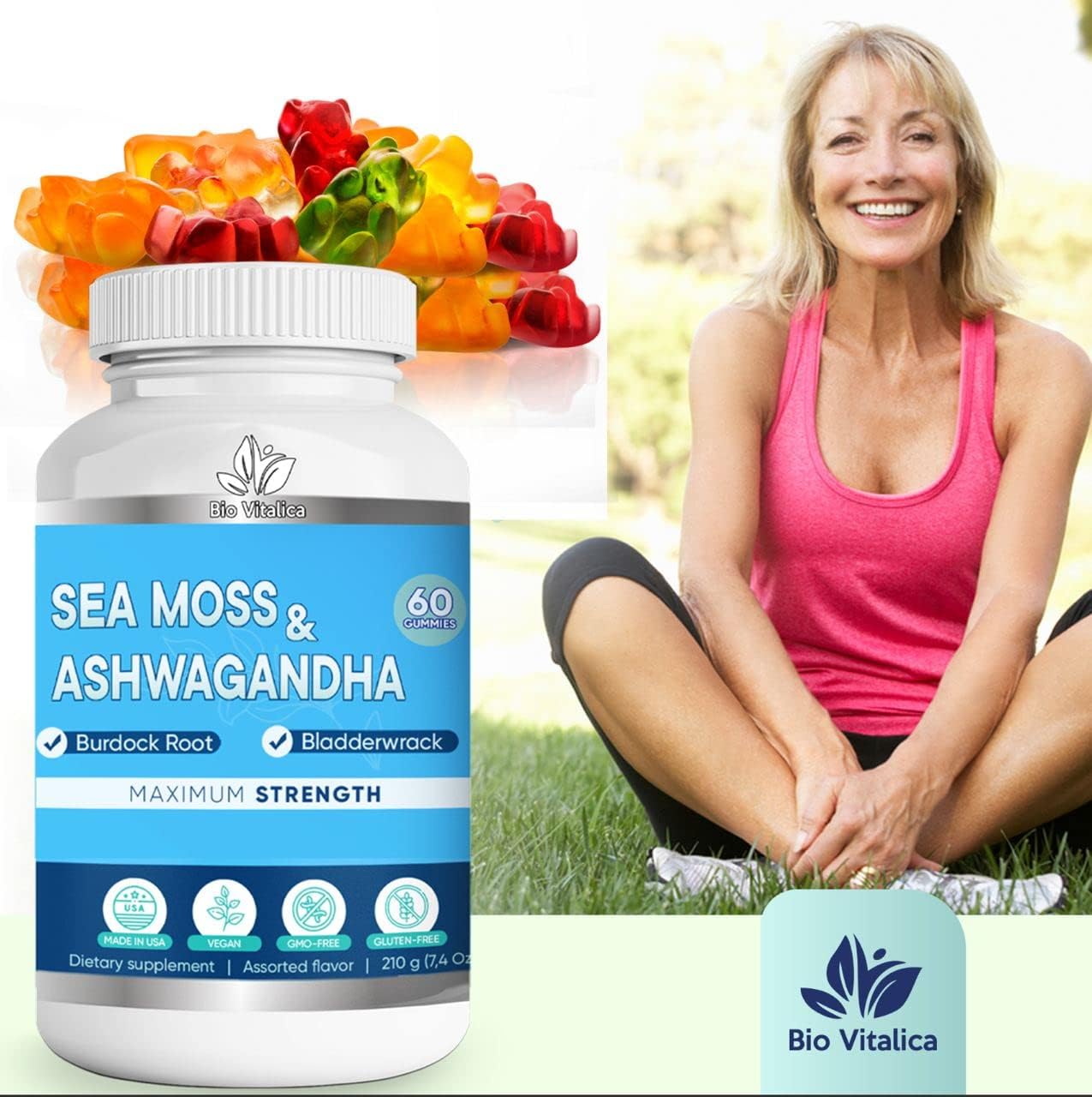BIO VITALICA Sea Moss Ashwagandha Gummies - Organic Irish Seamoss & Ashwagandha Root Supplements for Supporting Energy for Men & Women, 60 Vegan Gummies BIO VITALICAAu supplements