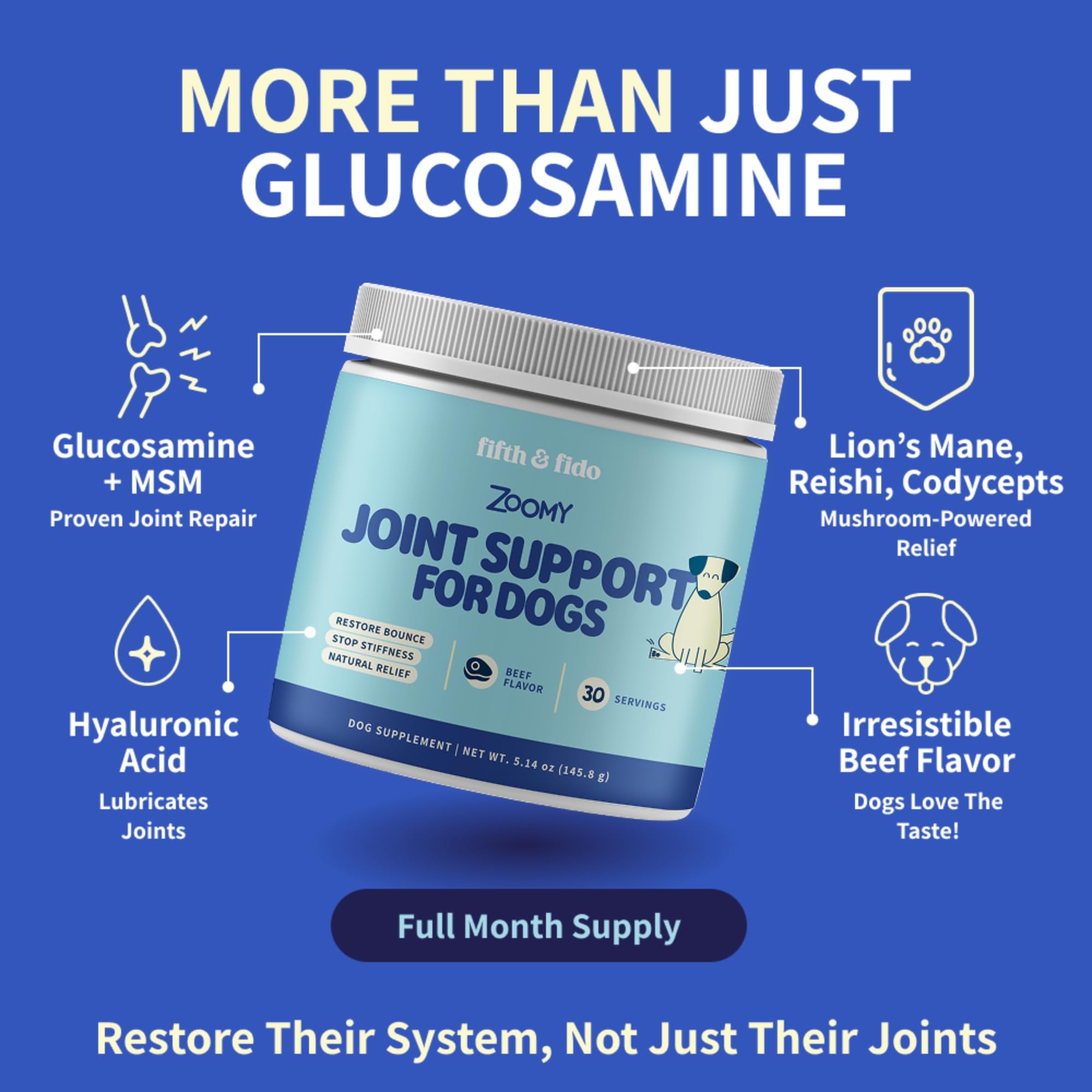 Fifth & Fido Joint Supplement for Dogs - Glucosamine for Dogs - Pet Vitamins and Supplements Powder with Chondroitin & MSM - Hip & Joint Support for Mobility, Stiffness & Flexibility - Mushroom Blend Fifth & FidoAu supplements