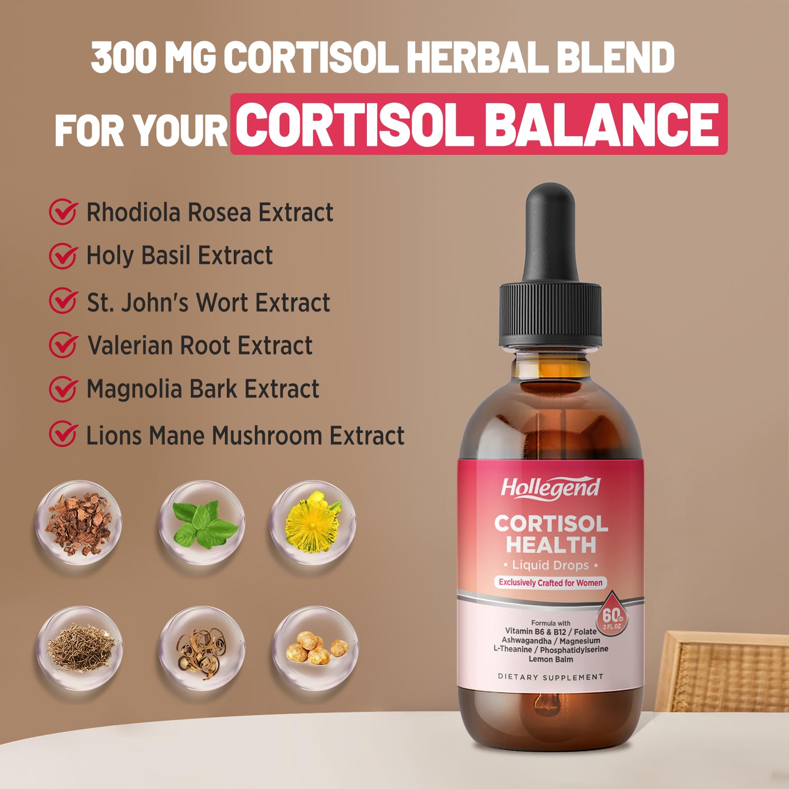 HOLLEGEND Cortisol Supplements for Women, Cortisol Wellness Liquid Drops, 16 in 1 Cortisol Detox Reducer w. Ashwagandha, Magnesium, L-Theanine, Folate for Relaxation & Hormone Balance, Strawberry HOLLEGENDAu supplements