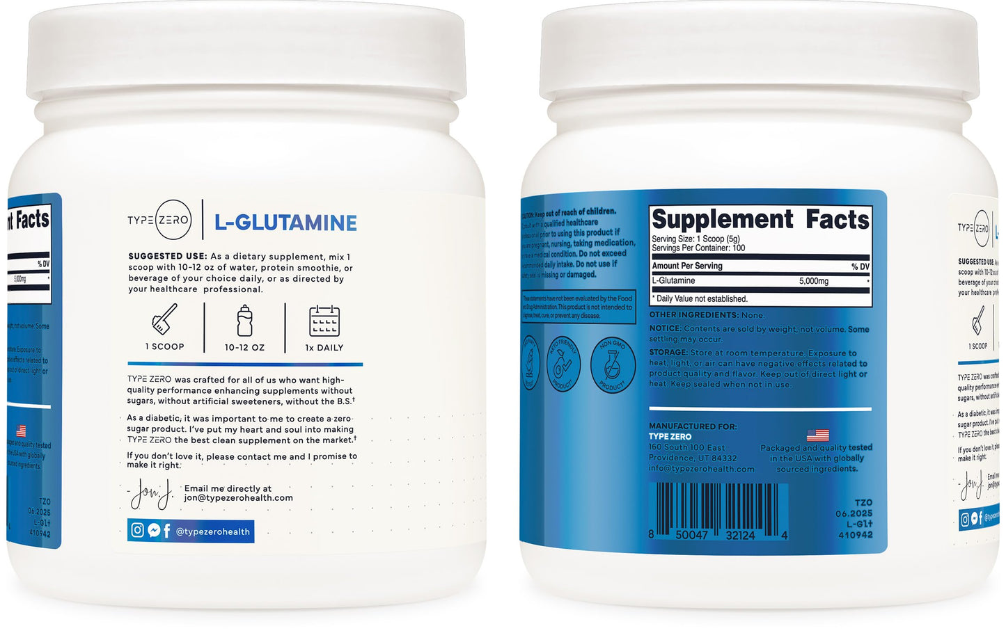 Type Zero L-Glutamine Powder (500G) 3-Month Supply Pure L-Glutamine Supplement - Vegan, Gluten Free, No Fillers Type ZeroUS supplements