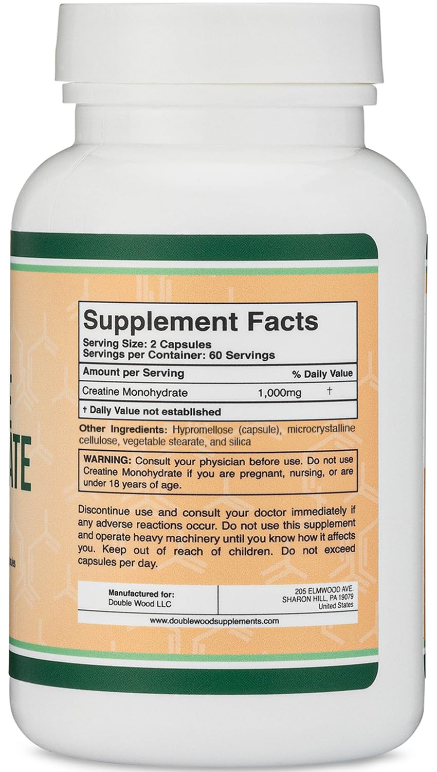 Creatine Monohydrate Capsules - 1g per Serving, 120 Count - No Fillers, Vegan Safe, Non-GMO, Gluten Free by Double Wood Double Wood SupplementsAu supplements