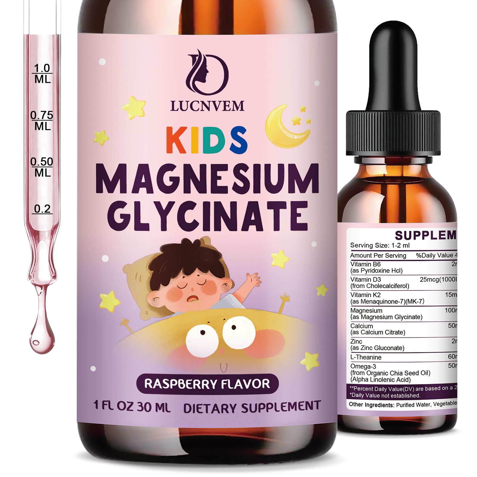 Kids Magnesium Glycinate Sleep Liquid Drops – Sleep & Calm Support with L-Theanine – Melatonin-Free, Sugar-Free Vegan Raspberry Supplement – 2 Bottles, 30ml Each LUCNVEMAu supplements