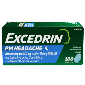 Excedrin PM for Headache Relief, Acetaminophen 250mg, Aspirin 250mg, Diphenhydramine Citrate 38mg, Pain Reliever, Nighttime Sleep-Aid, 100 Count ExcedrinAu supplements