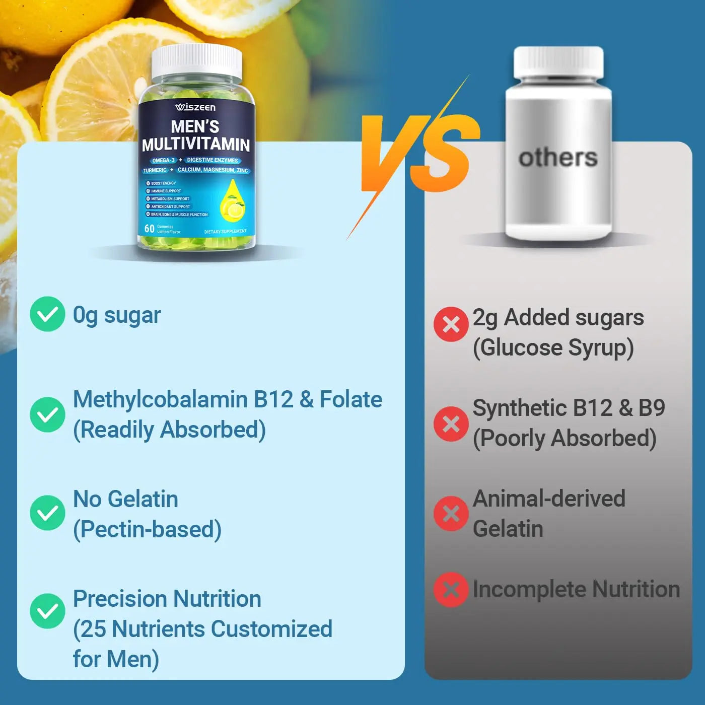 Mens Multivitamins Gummies, Methylated Multivitamin with Vitamins A C D K E, B Complex, Omega-3, Digestive Enzymes, Lycopene WiszeenAu supplements