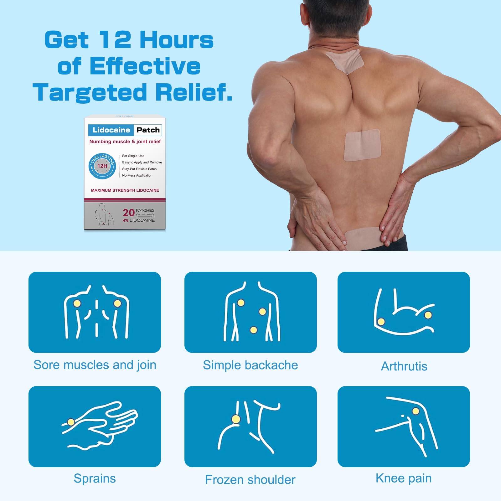 YOAPA 4% Lidocaine Pain Relief Patches | Maximum Strength Numbing Gel Patch for Back, Neck, Knee, Shoulder & Joint Pain | Up to 12 Hour Temporary Relief | 20 Count - G41 YOAPAAu supplements