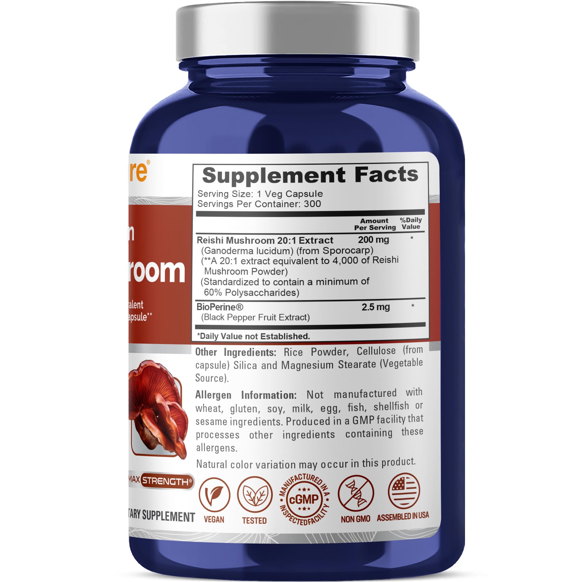 NusaPure Reishi Mushroom Extract 20:1 Extract, 200 mg Equivalent to 4000mg per Capsule 300 Veggie Caps Vegan, Non-GMO, Vegan NusaPureAu supplements