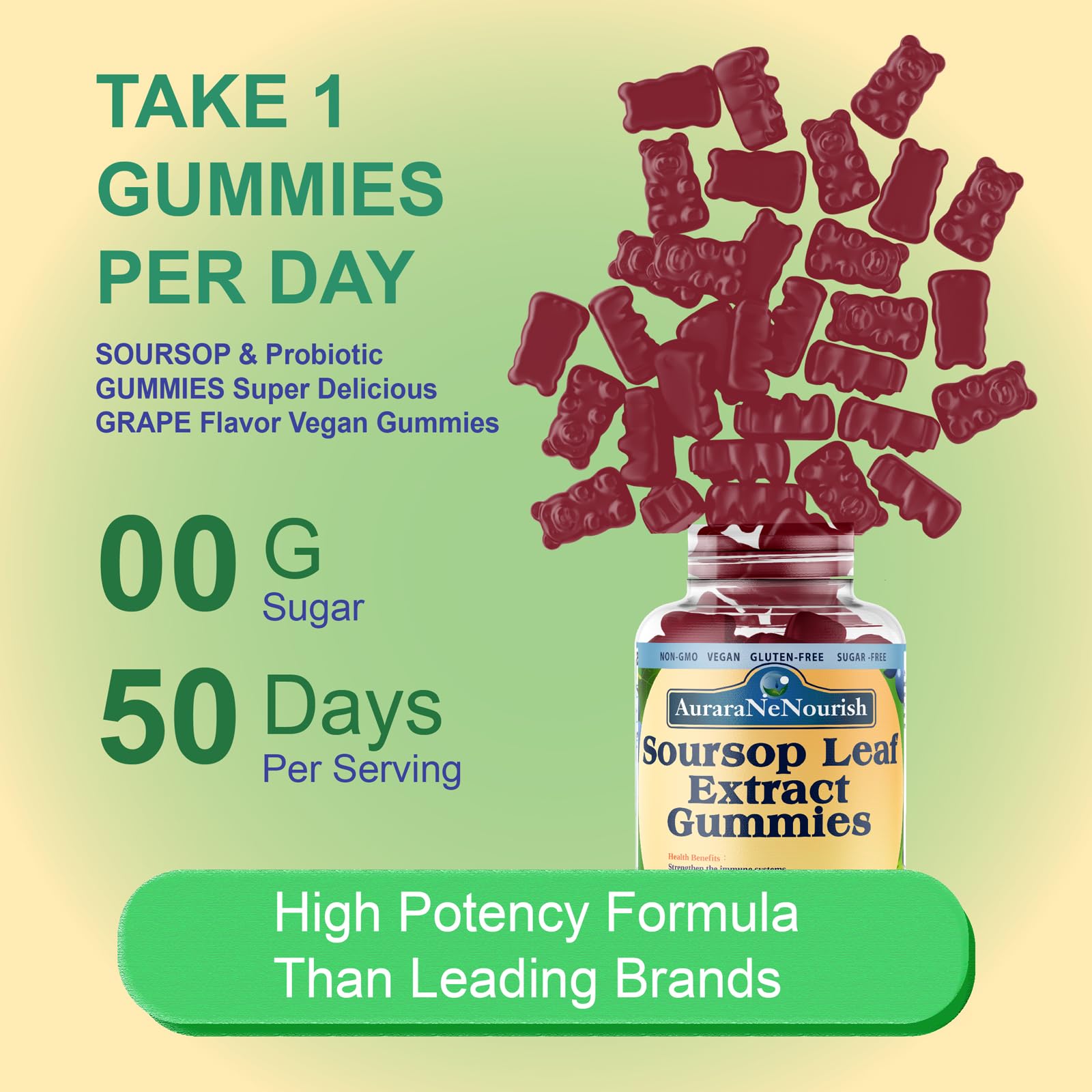 AuraraNeNourish Sugar Free Soursop Gummies with Probiotics & Fiber 100 Billion CFUs, Organic Soursop Leave Extract with Vitamin C B-Complex for Digestive Gut Health, Energy Balance, Immune Boost AuraraNeNourishAu supplements