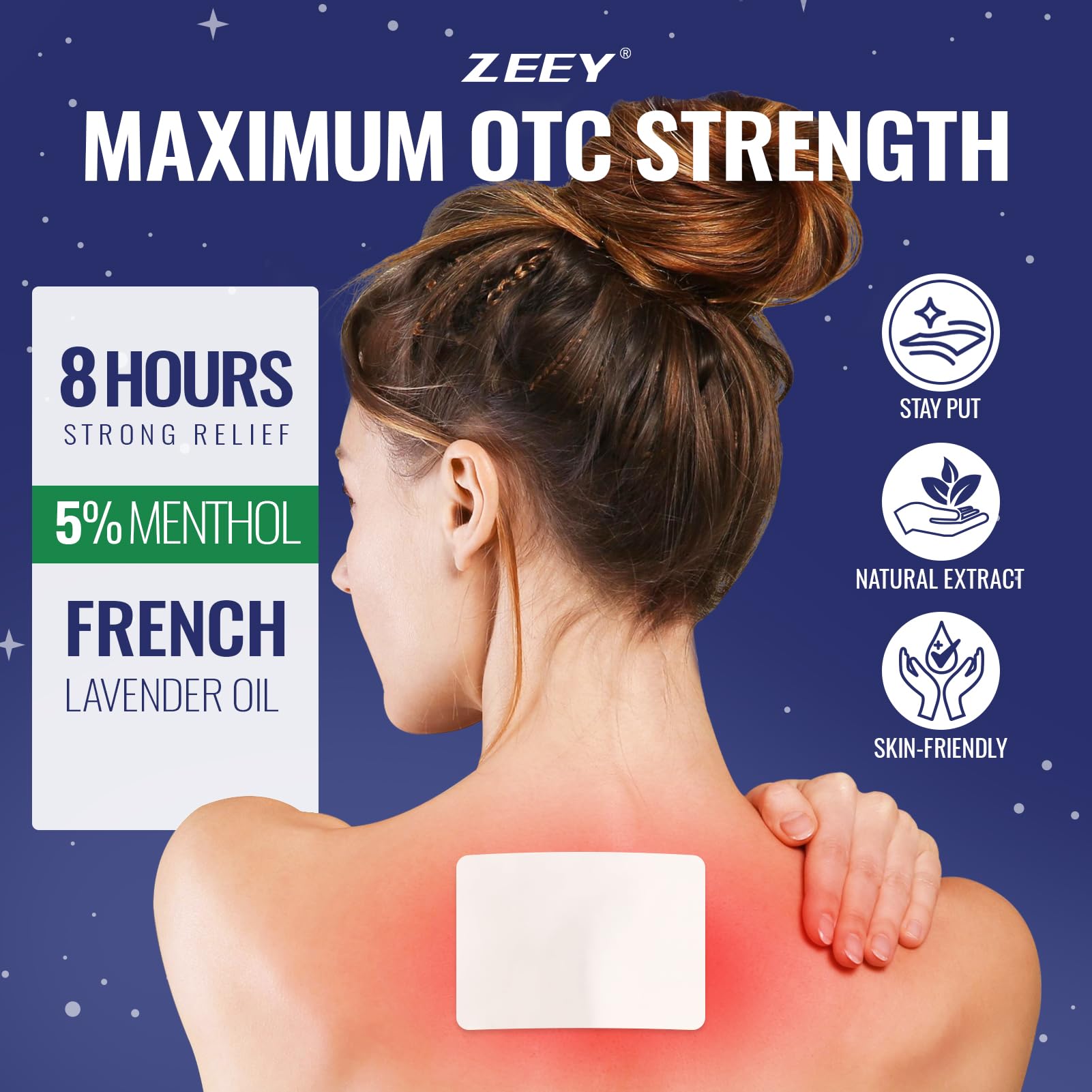 ZEEY 5% Menthol Overnight Pain Relief Patches, French Lavender Oil Pain Patch for Back, Knee, Neck, Shoulders, Joints, Muscle Soreness, Fast Acting, Topical Analgesic, Gel Patch, 3.94" x 2.76", 5Ct ZEEYAu supplements
