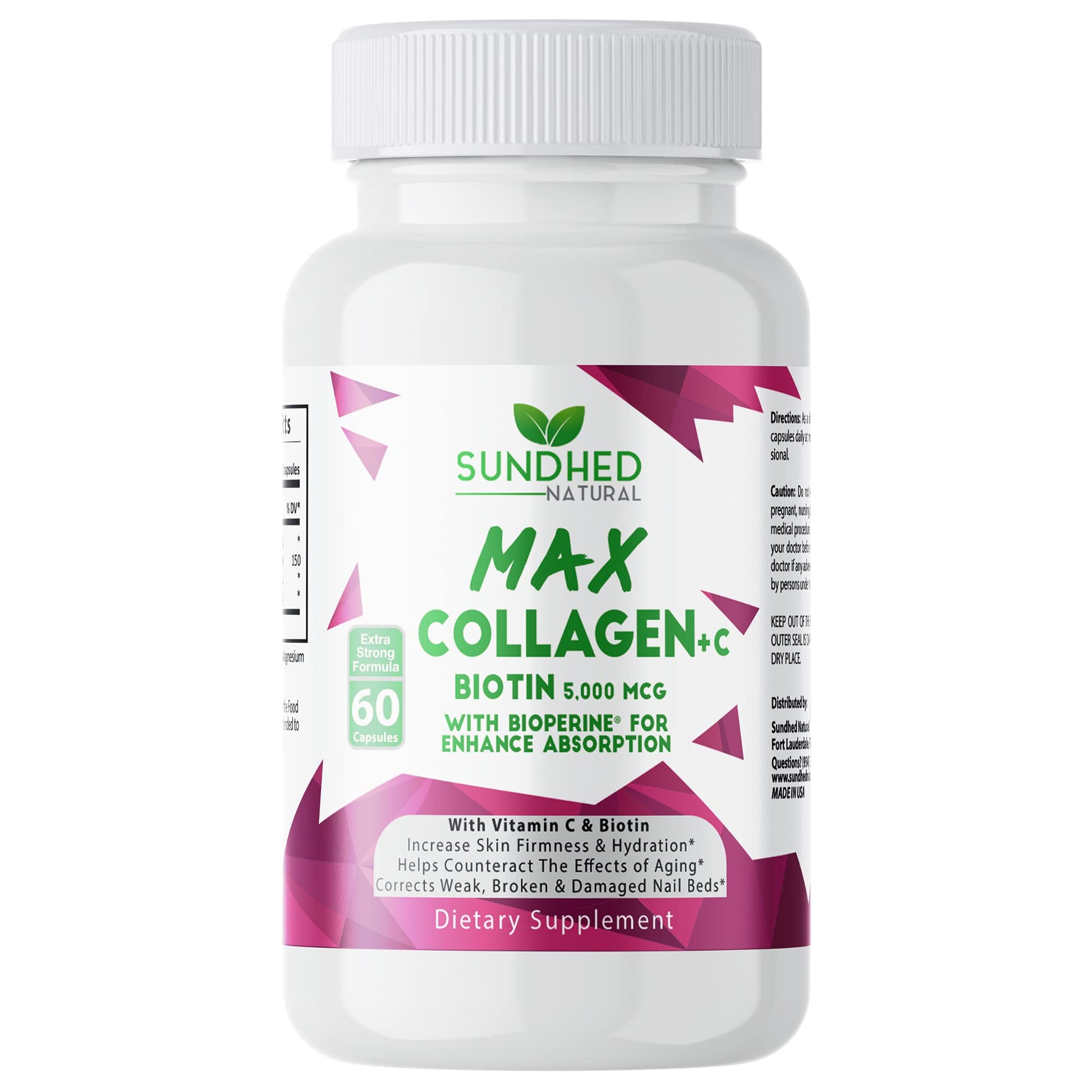 Sundhed Natural Max Collagen Plus C (60 caps) - All Natural Collagen Capsules with Biotin & Bioperine to Boost Anti Aging Hydration & Skin Firmness - Collagen Pills to Strengthen Bones & Nails Sundhed NaturalAu supplements